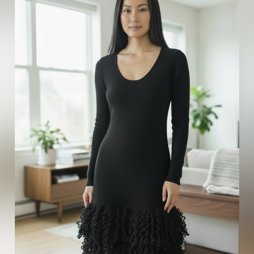 Calvin Klein Black Knit Sweater Dress Curly Fringe Hem Long Sleeve Size 4 NWOT